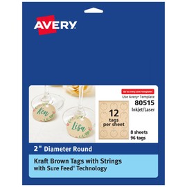 Avery Kraft Brown Round Tags with Sure Feed Technology, 2" Diameter, Laser/Inkjet, 96 Printable Tags with Strings Included, Also Great for Gift Tags and Favor Tags (80515)