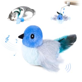 Migipaws Cat Toys,Interactive Lifelike Robin Flying Flapping Bird with Catnip, Feathers Hanging by Elastic String, Automatic Chirping Kitten Toys for Indoor Cats Self Play, Rechargeable(Blue)