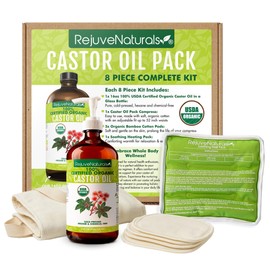 Castor Oil Pack - 8 Piece Complete Kit. Includes 16oz Glass Bottle of Organic Castor Oil, Easy to use Organic Cotton Compress with Adjustable Fit, 5 Soft Cotton Pads & Soothing Heat Pack..