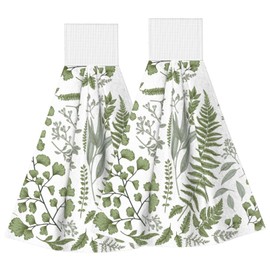 PDDCWAY Sage Green Botanical Kitchen Hanging Towel 14 X 18 Inch Hand Tie Fingertip Towels Set of 2 Pcs Tea Bar Dish Cloths Dry Towel Soft Absorbent Thin Durable for Laundry Room Decor