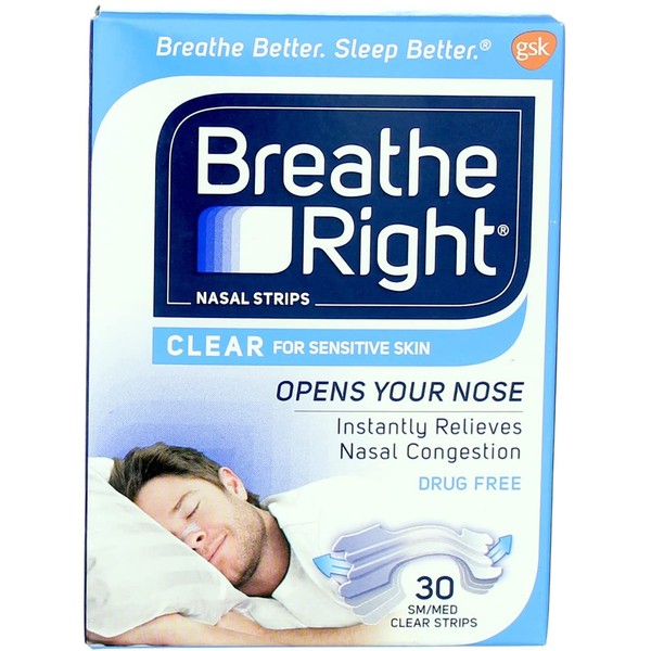 Breathe Right Nasal Strips Clear Sensitive Skin Small/Medium - 30 Strips, Pack of 4