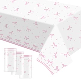 Yylaiire 3 Pcs Pink Bow Table Cloth, White Background Coquette Bow Table Cloth for Wedding, Birthday, Party Decorations,Disposable Tablecloths for Celebrations,Event Decor and Supplies 54 x 108 Inch