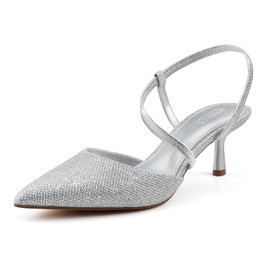 BCTEX COLL Women's Kitten Heel Slingback Closed Pointed Toe Low Stiletto Heels Comfortable Party Wedding Work Dressy Pumps Shoes, Glitter Silver, Size 8