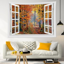 HVEST Fall Forest Tapestry Wall Hanging, Red and Yellow Maple Outside the Window Tapestry, Vintage Nature Landscape Wall Tapestry for Living Room Bedroom Aesthetic Decoration, 60x40 Inches