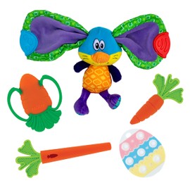 Nuby Baby Play and Explore Easter Gift Bundle – Silicone Carrot Tube Teether, Veggie Teether, Carrot Massaging Teether, and Teether Tugz Plush Toy – Easter Basket Stuffers for Babies