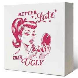 LUKIPOM Pink Coquette Room Decor, Vintage Better Late than Ugly Preppy Wooden Box Sign, Girly Bathroom Decor, Coquette Decor, Preppy Room Decor Aesthetic, Pink Desk Decor, 5x5 Inch