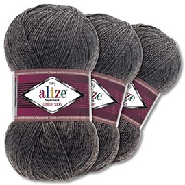 Alize 3 x 100 g Superwash Comfort Sock Wool 33 Colours to Choose From Plain / Multicoloured Sweater Clothing Wool (182 | Dark Grey Melange)