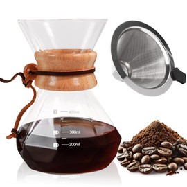 Pour Over Coffee Maker 400ml with 304 Stainless Steel Filter and Wooden Collar Holder Borosilicate Glass Drip Coffeemaker Server Set Clear Hand Brew Dripper Carafe for Home Camping Travel 13.5oz