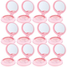 LemonRoad 12 Pack Foldable Mini Travel Mirror Comb with Bow and Cherry Coquette Bow Party Favor Pink Compact Small Size Mirror Round Portable Folding Pocket Massage Comb for Women Bridal Wedding