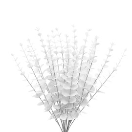 ABAJI Plastic Eucalyptus White Stems 12 Fake Faux Decorations Artificial Leaves Greenery Plant Leaf Home Office House Table Desk Decor Wedding Party Vase Forever Live