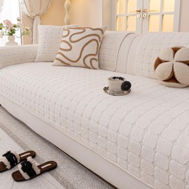 JPGGD Velvet Sofa Covers Washable, Plush Warm Couch Cover for Sectional Sofa, Funny Fuzzy Couch Covers for Pets&Kids, Non-Slip Sectional Sofa Cover(1PC, Beige White, 35.4"×94.5", Large Sectional)