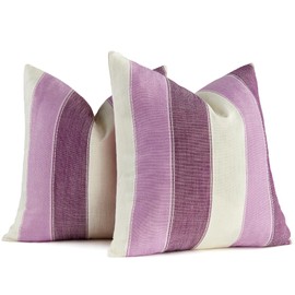 AmHoo Pack of 2 Farmhouse Stripe Check Throw Pillow Covers Set Case Cotton Linen Decorative Pillowcases Cushion Cover for Couch Bench Sofa 18x18 Inch Purple