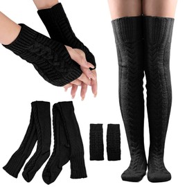 ZYNERY Women's Knee Socks, Women's Half Fingerless Gloves, Women's Stockings, Knitted Overknee Socks, Women's Extra Long Overknee Socks, Warm Winter Socks, Women's Knitted Leg Warmers, black