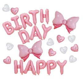 AnnoDeel Happy Birthday Pink Bow foil Balloons, 32inch Pink Heart Bow Sweet Birthday Mylar Balloons for Girl Baby Shower Birth Party Decoration