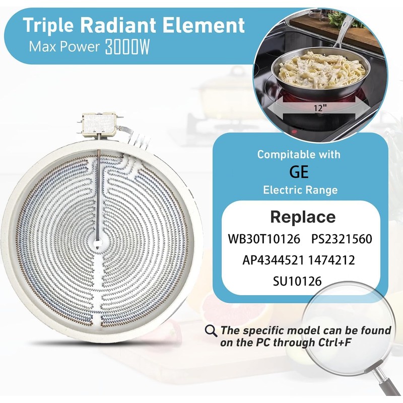 Upgraded Range 12" Triple Haliant Surface Element Replacement for GE