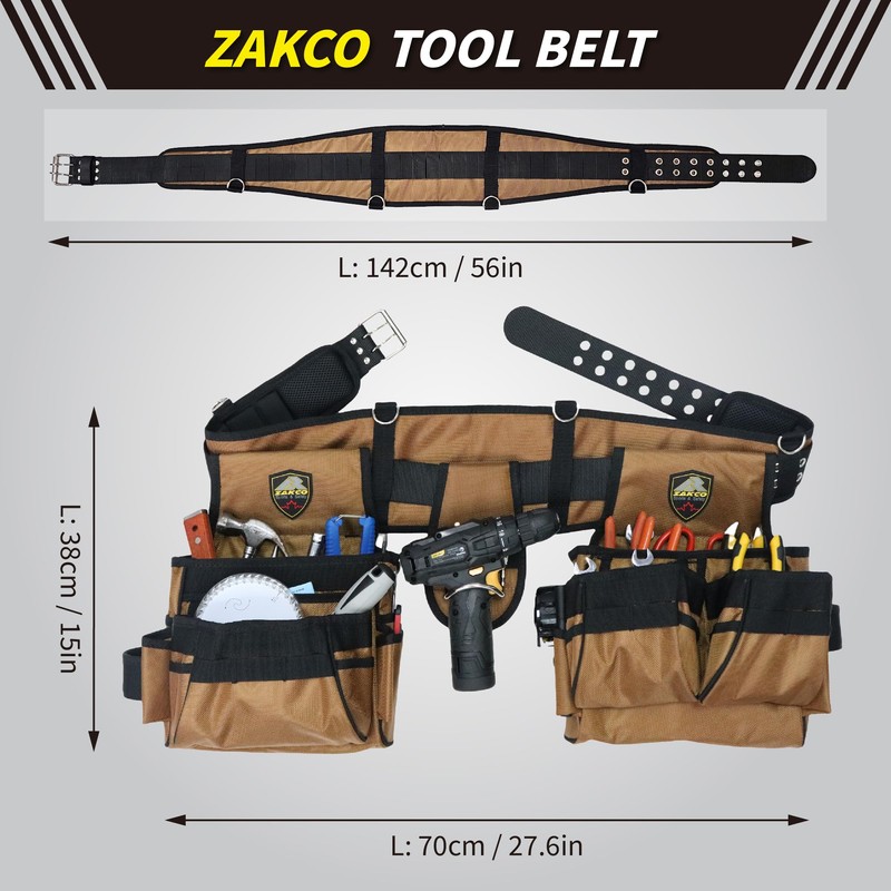 ZAKCO Professional 1680D Polyester Tool Belt with Suspender, Strudy Tool