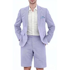 Men Seersucker Suits Two Button Blazer Shorts for Men Casual 2 Piece Striped Holiday Outfits for Summer Beach Wedding Blue Suits