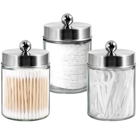 3 Pack Apothecary Jar Canisters Bathroom Vanity Organizer - Qtip Holder Storage Organizer Set Countertop Canister with Stainless Steel Lids &Cute Stickers for Qtips,Cotton Swabs,Makeup Sponges,Floss (Brushed Nickel)