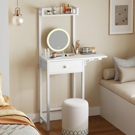 YATINEY Small Vanity Desk Without Mirror, Makeup Vanity Table for Small Space, Compact White Dressing Table with Fold-up Panel and Fabric Drawer, for Bedroom, Easy Assembly, White
