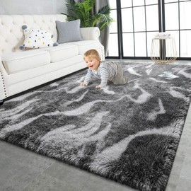 TWINNIS Super Soft Shaggy Rugs Fluffy Carpets, 5x8 Feet, Indoor Modern Plush Area Rugs for Living Room Bedroom Kids Room Nursery Home Decor, Upgrade Anti-Skid Rectangular Fuzzy Rug, Black Grey