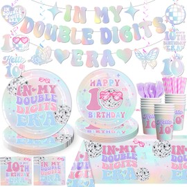 Yingoto Yingoto 169pcs 10th Birthday Decorations for Girl, Double Digits Birthday Girl 300gsm Thickened Plates and 2 Tablecloths for Parties and Gatherings In My Double Digits Era Tableware Set Serves 25