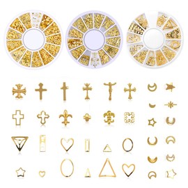 LWMINGALG Nail Parts, Nail Parts, Set of 3, Metal Parts, Handmade Accessories, Star, Moon, Heart Shape, Cross, Geometric, Circular, Openwork, Gold Nail Parts Set