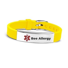 Stainless steel Medical ID bracelet Eco-friendly silicone bracelet adjustable medical alert ID emergency first aid jewelry (Bee Allergy-Yellow)