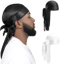 CISKHQR 2 Pieces Long Satin Bonnet for Girls, Silky Hat, Long Adjustable Satin Bonnet for Sleeping, Extra Wide Cap for Women, Curly Hair, black