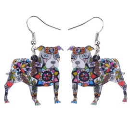 BONSNY Dog Collection “BUSTER” PIT BULL Dog Statement Acrylic Pop-Art Long Drop Dangle Women Earrings (Grey)