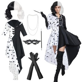 Suffolly Deville Costume Adult Adult World Book Day Costumes 6PCS Deville Costume Set with Black and White Wig,Dress,Necklace,Bracelet,Rod,Gloves,Shawl Costumes for World Book Day (Women, XL)