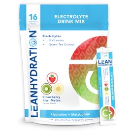 LEAN Hydration Daily Natural Electrolyte Packets Drink Mix | Zero Calories, Zero Sugar plus Vitamins, Minerals & More | 16 ct (Strawberry Kiwi Melon)