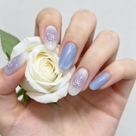 LEVGAL Short Magnetic Nail Tips, Set of 30, Fake Nails, Blue Medium, Lavender, Gradient, Popular Nails, Japanese Style, Cute, Stylish, Simple, School Entrance Ceremony, Graduation, Coming-of-Age