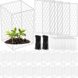 MorningRo 16 Set Wire Plant Protectors Square Wire Plant Cages Chicken Wire Cloche Mesh Plant Cage with 64 Ground Stakes and 200 Nylon Ties Protect Plants, Garden, Vegetables from Animals(12 x 20)