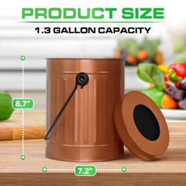 Plexon Countertop Compost Bin Kitchen Indoor, with Lid, Copper 1.5 Gallon Odorless Kitchen Compost Container, Steel Food Bucket Pail with Charcoal Filter, Bronze