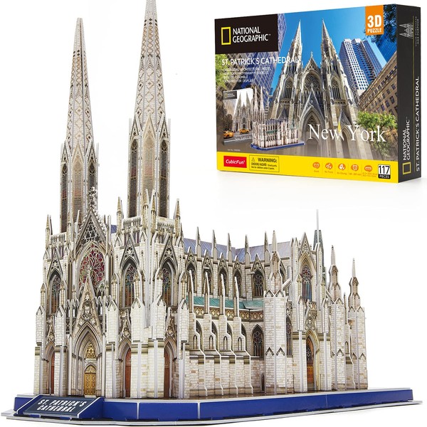 CubicFun 3D Puzzles for Adults National Geographic St. Patrick's Cathedral Model Kits, New York Architecture Puzzles for Adults Desk Building Toys for Kids Ages 8+, 117 Pieces with Booklet Xmas Gifts