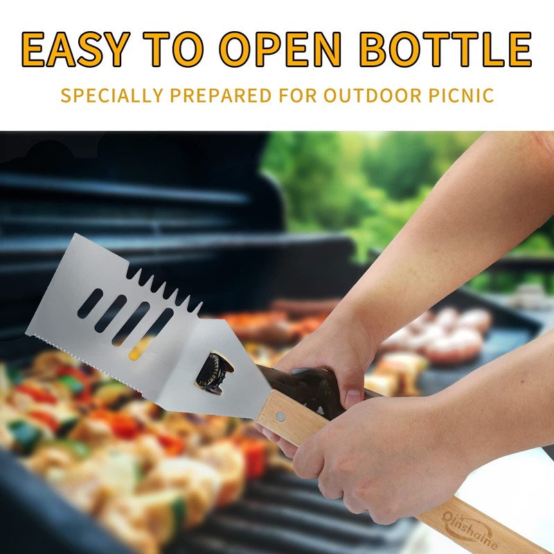 Qinshaine 4-in-1 BBQ Spatula, Multifunction Grill Spatula with Wooden Handle,