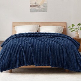 Exclusivo Mezcla Queen Size Flannel Fleece Blanket, Super Soft Striped Jacquard Bed Blanket, Lightweight Fuzzy Cozy for All Seasons, 90x90 Inches, Navy Blue
