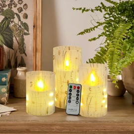 3 Pack Star String Lights 11-Key Remote Timer Flickering Flameless LED Pillar Candles Leaf Print Acrylic for Home Decorationcolor: Red, size: High:6" x 3" ;Medium:5" x 3" ;Low:4" x 3"