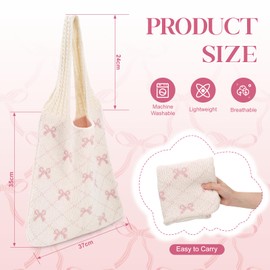 Huiguli Beach Bag for Women, Crochet Bag for Summer with Pink Bowknot, Knitted Shoulder Bag for Travel, Shopping and Daily Life