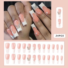 Butterfly French Tip Press on Nails Long Coffin Fake Nails 3D Butterfly with Pearl Nail Rhinestones Designs Glue on Nails Artificial Acrylic Nude False Nails for Women Girls Wear Nails Decoration