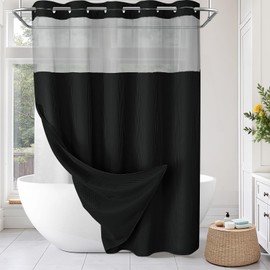 No Hook Shower Curtain and Liner Set,Black Hotel Waffle Shower Curtain for Bathroom 75" L x 72" W