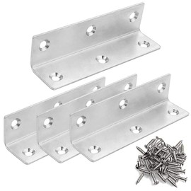 OBELON Strip Angle Brackets Heavy Duty 100x25x25mm Stainless Steel Corner Braces L Shaped Metal Sleeper Brackets with Screws for Wood Furniture Raised Garden Bed Planters Fixation, Silver, 4 Pack