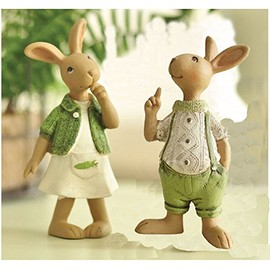 Set of 2 Vintage Rustic Country Bunnies Figurine Ornament Decorative Easter Decor Resin Bunnies Rabbit Egg Figurine Rabbit Statue (Standup Bunnies)