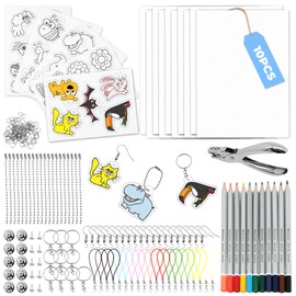 218 Piece Shrink Film Set, Shrink Film for DIY Crafts Set with A4 Shrink Paper & A5 Shrink Wrap with Patterns Colouring Pencils Hole Punch Set Key Ring for Children