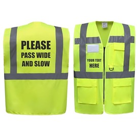 Please Pass Wide & Slow Equestrian Zipped Yellow Hi Vis Safety Vest Horse Riding Reflective Waistcoat Road Safety High Visibility, Can Personalise. (Yellow, Medium)