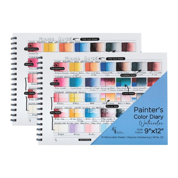 HG Art Concepts Painters Color Diary - 9x12" 140lb Spiral-Bound Acid-Free Color Swatch Book with 10 Pages for Watercolor & Mixed Media - 2 Pack