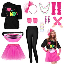 AUTOWT Disfraz y Accesorios de los Años 80 para Mujeres, 25PCS Camisetas Leggings Faldas de Tutú Riñonera Pendientes Collares Guantes Pulseras y Diadema para Fiesta de los Años 80