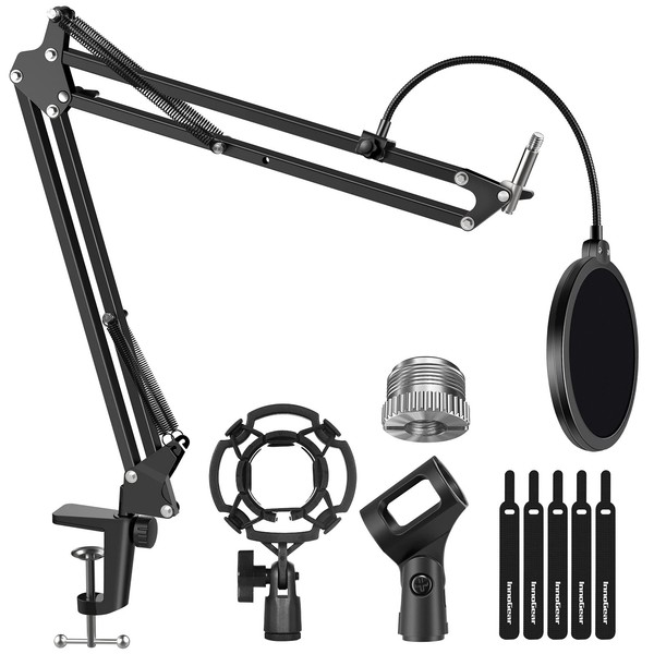 InnoGear Microphone Stand for Blue Yeti Adjustable Suspension Boom Scissor Arm Stand with 3/8/''to 5/8/'' Screw Adapter Shock Mount Windscreen Pop Filter Mic Clip Holder Cable Ties, Medium, Black