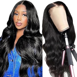 Shoaiye 13 x 4 Lace Front Real Hair Wig, Women's Body Wave Human Hair Wig, Wear and Go Glueless Remy Pre Plucked Natural Hairline, 150% Density, Natural Black Colour, for Woman, 16 Inches