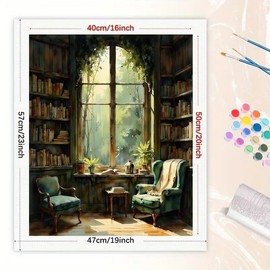 Reading Nook Paint by Numbers Kit for Adults - DIY Cozy Library with Green Armchairs Painting on Canvas 16x20 Inches, Acrylic Paint Set, Suitable for Beginners, Art for Home Decoration/Gifts